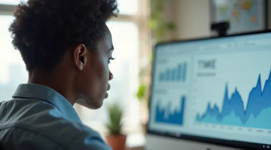 Un professionnel consultant des données de temps travail sur un écran futuriste, illustration de l'optimisation des ressources par la data temps