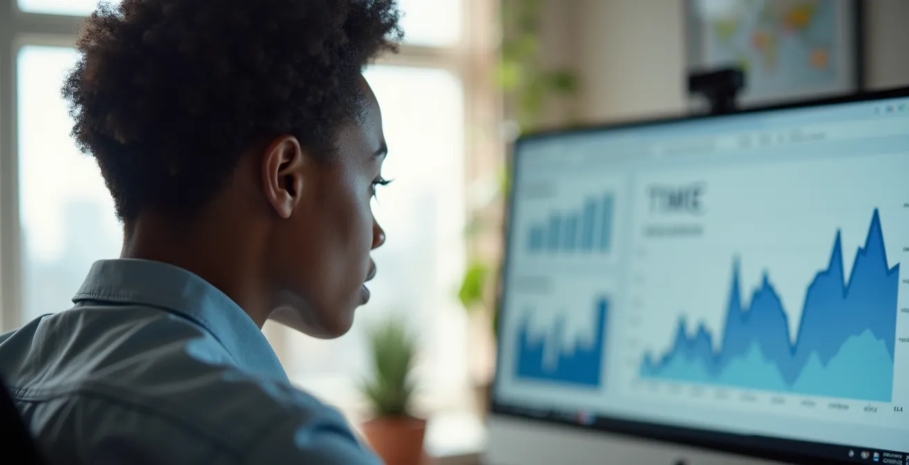 Un professionnel consultant des données de temps travail sur un écran futuriste, illustration de l'optimisation des ressources par la data temps
