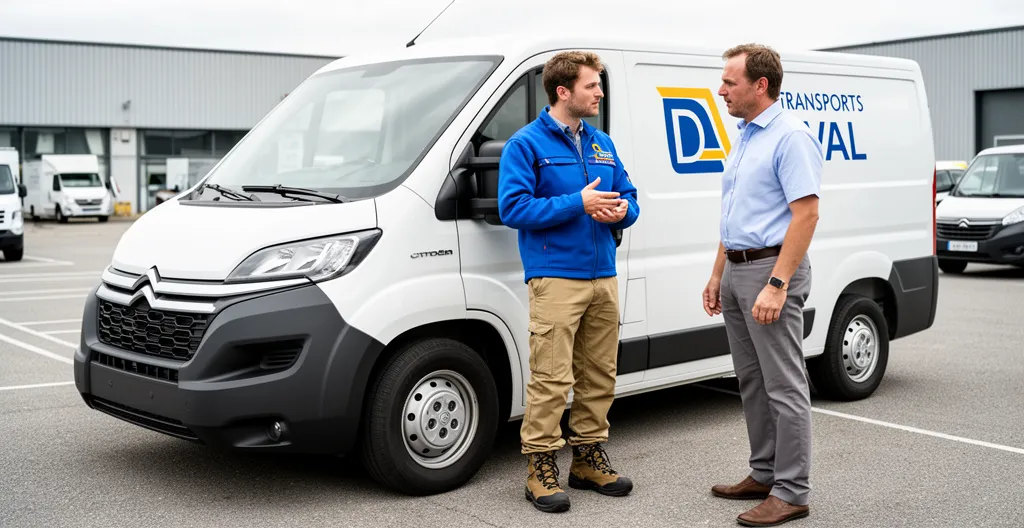 Conducteur utilitaire en discussion avec responsable flotte dans parking dépôt entreprise