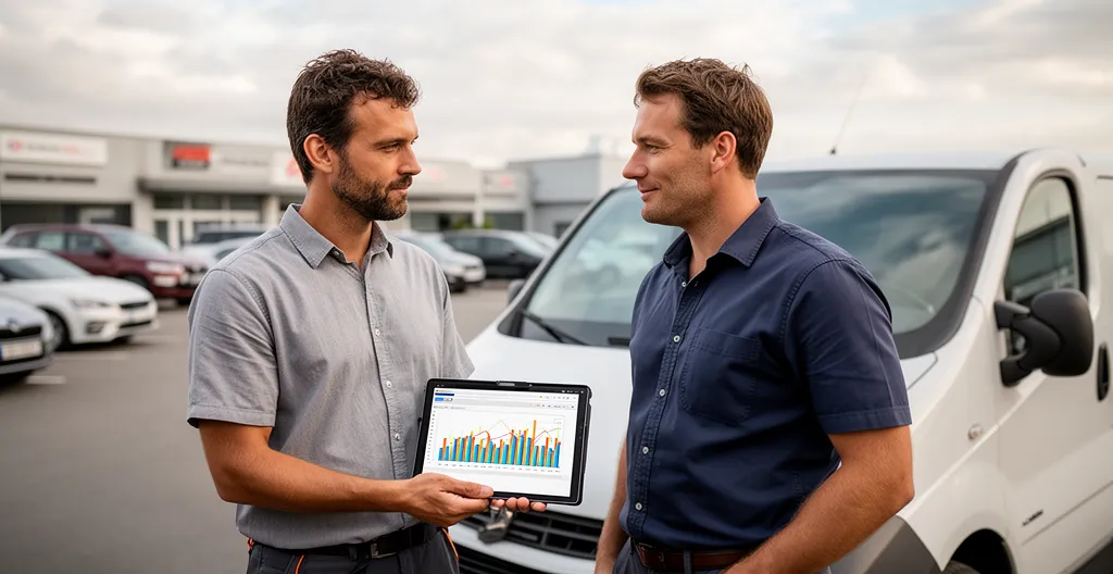 Responsable parc et technicien discutant devant utilitaire avec tablette données