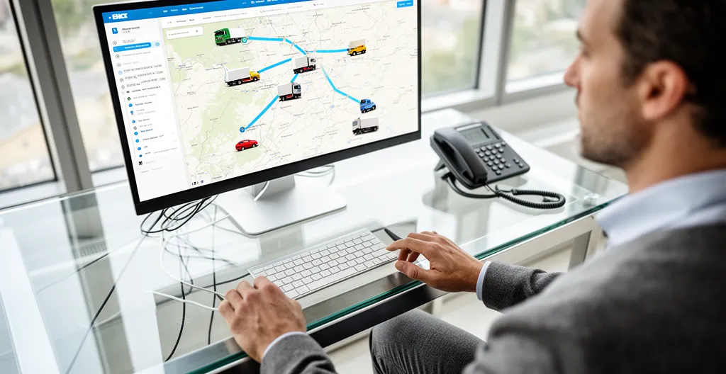 Responsable flotte consultant interface de supervision véhicules sur écran bureau moderne