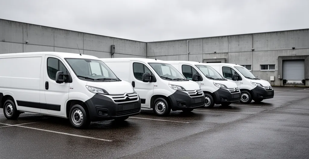 Flotte véhicules utilitaires blancs stationnés parking entreprise