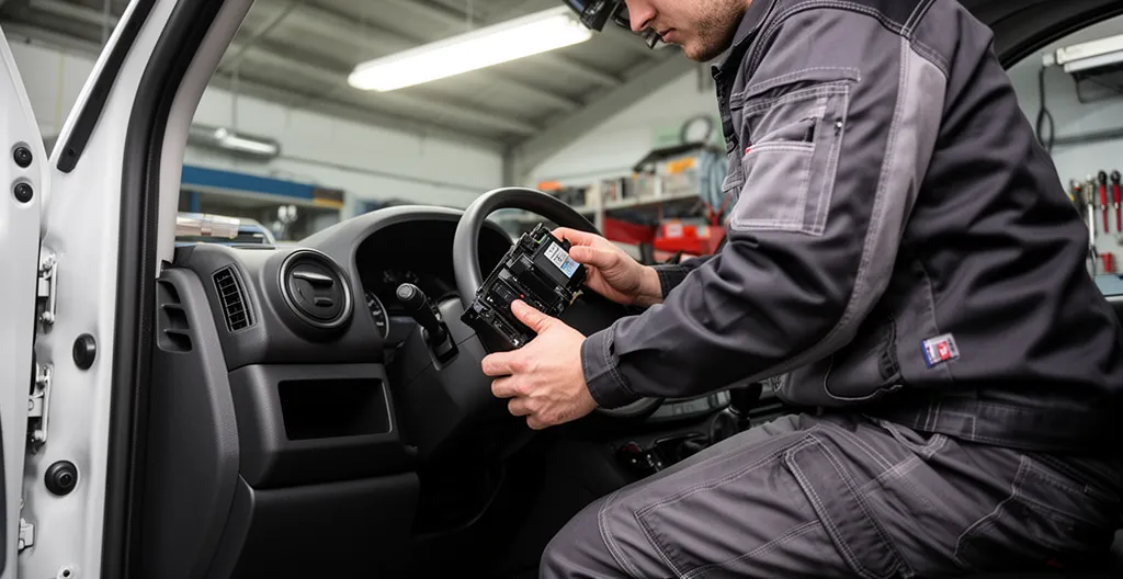 Technicien installant un boîtier télématique sous tableau de bord utilitaire