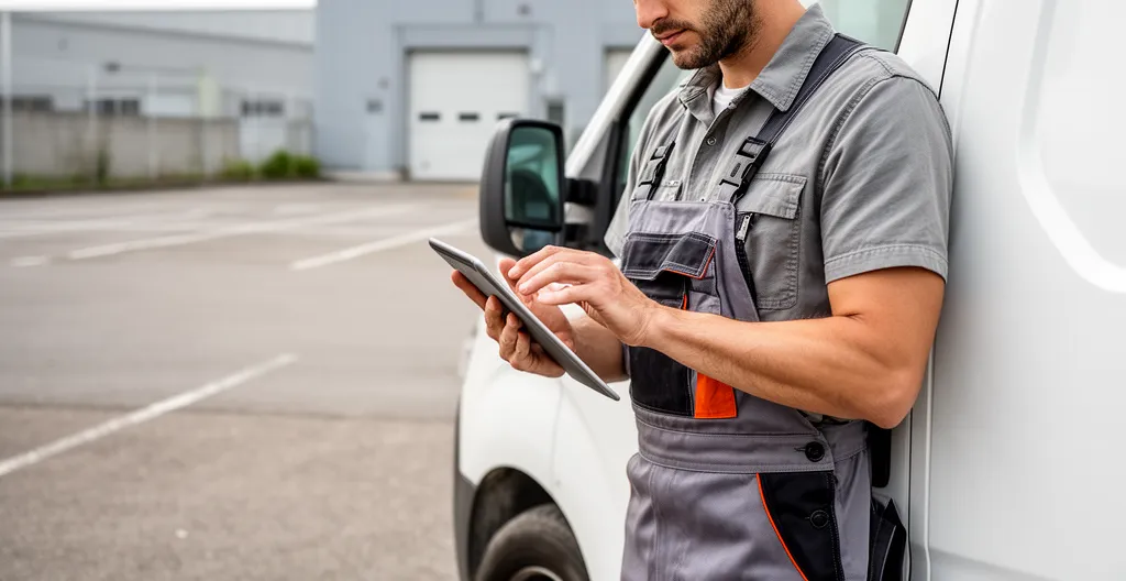 Technicien consultant tablette devant utilitaire en zone industrielle pour gestion de flotte