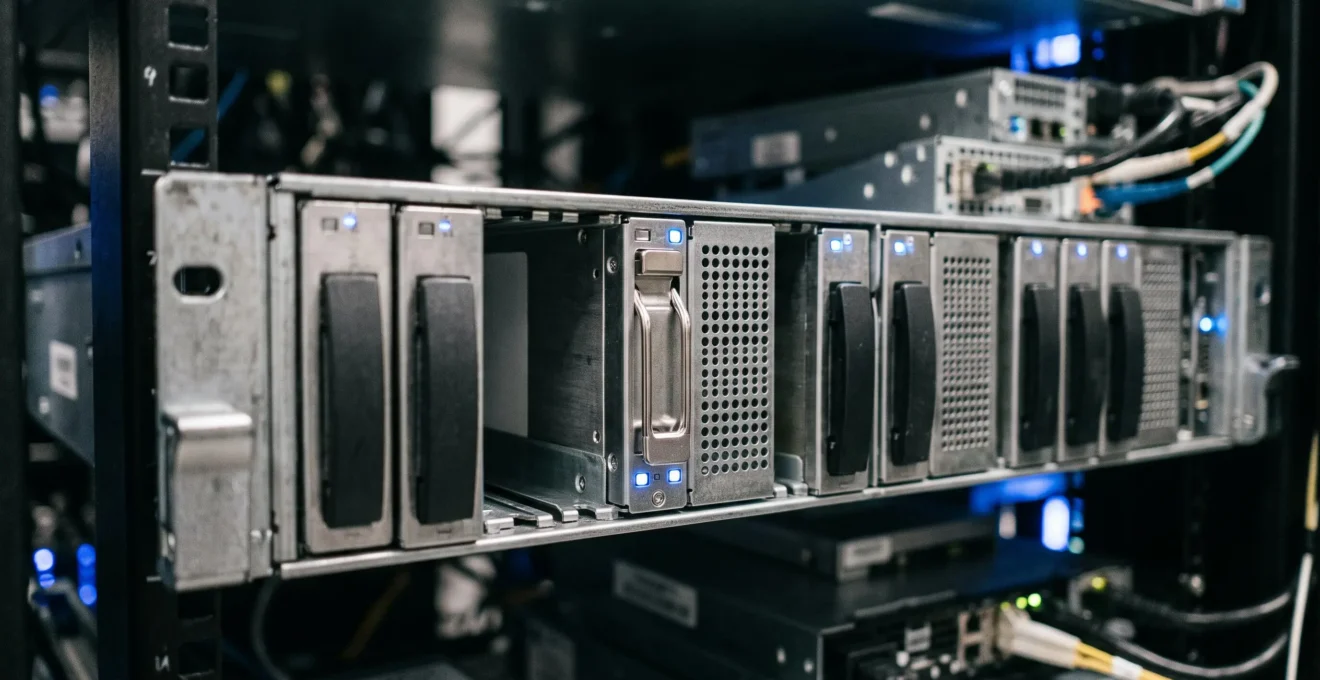 Vue rapprochée de disques SSD montés dans une baie de stockage d'infrastructure professionnelle.
